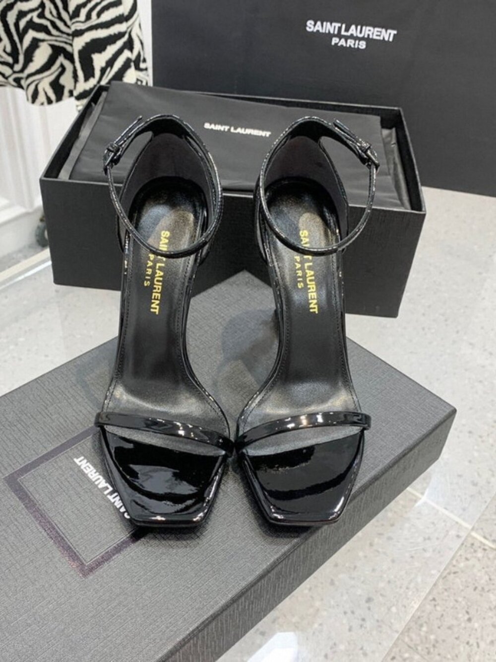Saint Laurent Black Patent Leather Sandals with Gold Logo